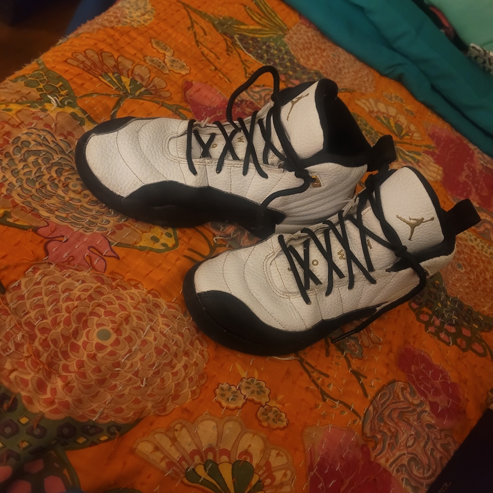 Kids White and Black Athletic Sneakers with Gold Jumpman Accent